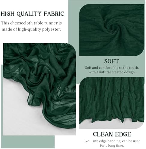 3 Pack 120 Inch Dark Green Cheesecloth Table Runner Boho Rustic Gauze Sheer Romantic 10 FT Long Cheese Cloth Table Runner for Bridal Baby Shower Wedding Party Birthday Holiday Home Easter Decor