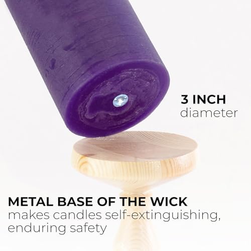 CANDWAX Large Pillar Candles 3x6 Inch – Set of 3 Unscented Dripless Purple Candles, Long Burning Rustic Look for Weddings, Events, Home Decor
