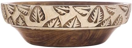 Natural Wooden Tray, Serving Bowl for Salad, Veggies and Fruits, Large Deep Tray for Family, Party (Bowl with Leaf Carving)