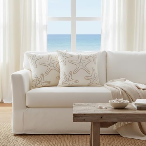 LUOYEHK Summer Embroidered Throw Pillow Covers 18x18 Inch Pack of 2, Beige Starfish Decorative Pillowcase Coastal Beach Cushion Covers for Couch Sofa Bed Home Decor