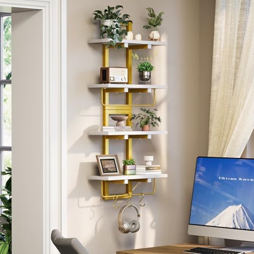 Creso hom Wood Floating Shelf with 6 Hooks, 15" Bathroom Shelves Set of 2