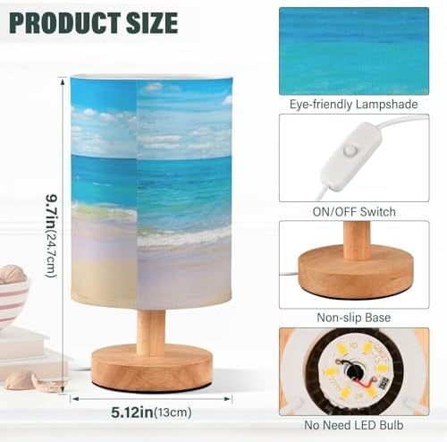 Table Lamp Tropical Sea Summer Blue Ocean with Beach White Cloud on Sky Nightstand Lamp with Wood Base Fabric Lamp Shade Bedside Desk Lamp for Living Room Bedroom Kids Room Office