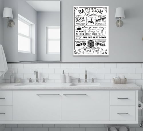 Wavkkey Funny Bathroom Rules Canvas Wall Art Black and White Fun Toilet Rules Painting Pictures Wall Decor Posters Printed Artwork for Washroom Restroom Home Decoration