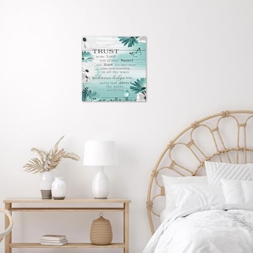 LB Farmhouse Teal Blue Floral Wall Art for Bathroom Bible Verse Canvas Wall Art Wall Paintings Home Decor Daisy Flower Butterfly Wall Pictures for Living Room Bedroom Office Ready To Hang,12x12 Inch