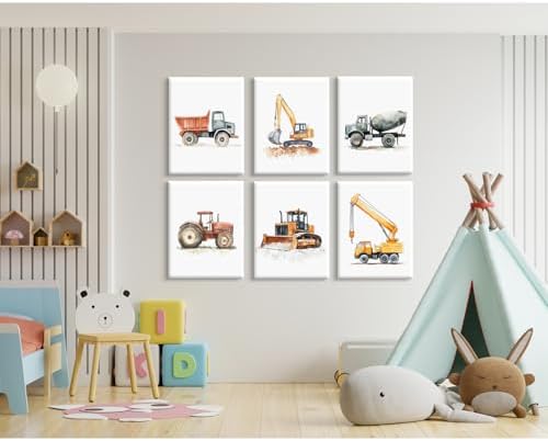 Nursery Construction Truck Wall Art Decor Toddler Boys Room Poster Kids Nursery Tractor Canvas Wall Art Construction Vehicle Pictures Boy Truck Artwork for Bedroom Playroom 12x16x6 Inch Unframed