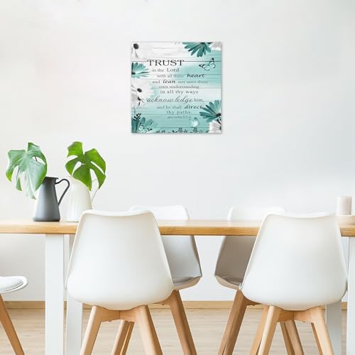 LB Farmhouse Teal Blue Floral Wall Art for Bathroom Bible Verse Canvas Wall Art Wall Paintings Home Decor Daisy Flower Butterfly Wall Pictures for Living Room Bedroom Office Ready To Hang,12x12 Inch