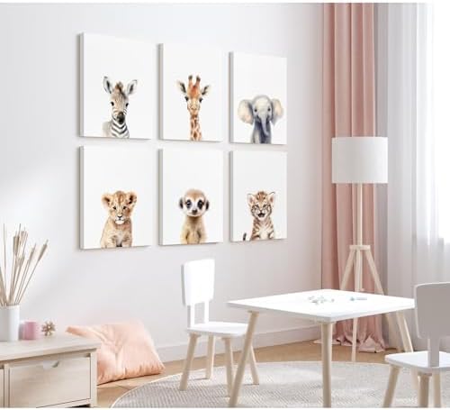 Safari Nursery Wall Art Decor Set of 6 Baby Animal Wall Art Kids Canvas Wall Art Safari Nursery Pictures Jungle Animal Prints Baby Boy Art Giraffe Painting for Room Bedroom 12x16 Inch Framed