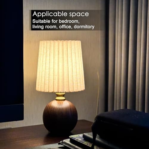 Small Pleated Table Lamp Set of 2 for Bedroom, Mini Bedside Lamps for Nightstand with Round Fabric Linen Shade, Dimmable Desk Lamp, Cute Table Lamps for Small Spaces for Living Room, Kids Room