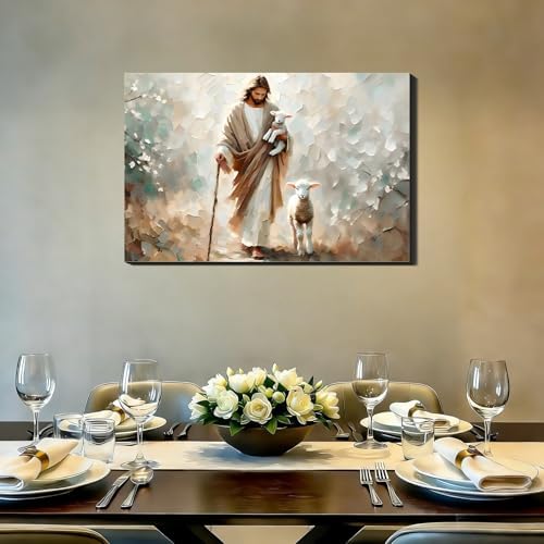 RIBNTAK Jesus and Sheep Large Christian Wall Art 24x36, Cozy Religion Canvas Prints Picture Posters for Bedroom Wall Decor Artwork Painting for Living Room,Bathroom, Office