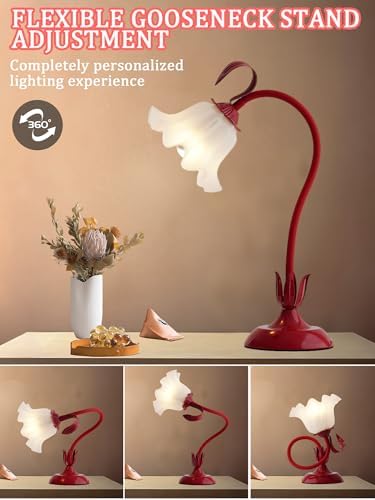Flower Table Lamp, LED Reading Light Bedside Vintage Night Light (Red)