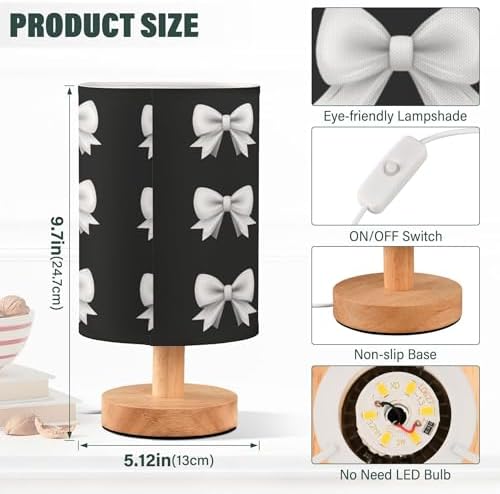 Black and White Bow Ribbon Pattern Table Lamp with Wood Base Fabric Lamp Shade Bedside Nightstand Desk Lamp for Living Room Bedroom Kids Room Office