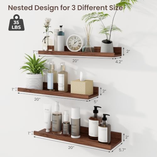 Axeman 20 Inch Floating Shelves, Walnut Picture Ledge Shelf Set of 3