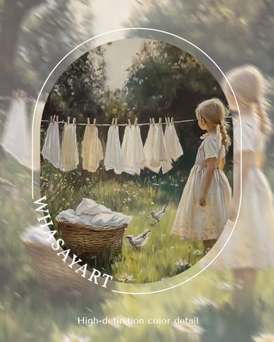 WHASAYART Vintage Framed Canvas Wall Art Girl Clothesline Painting 12x16 | Rustic Farmhouse Summer Fall Nature Landscape Artwork Bird Flower Basket Print for Bedroom Nursery Laundry Room Cottage Decor