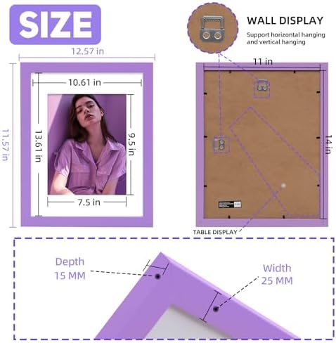 Muzilife Purple 11x14 Wood Picture Frame with Mat, Real Glass Cover,1 Pack