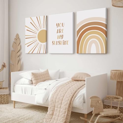 Baccone Boho Nursery Wall Art Baby Girl Wall Decor Kids Rainbow Canvas Wall Art You Are My Sunshine Pictures Toddler Sun Prints Nursery Artwork for Room Bedroom Set of 3 16x24 Inch Wrapped Canvas