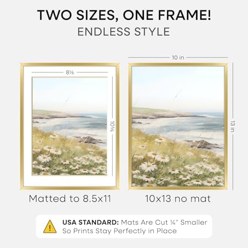 Homeforia 10x13 Gold Picture Frame, High-End Metal, 8.5x11 Mat, Glass