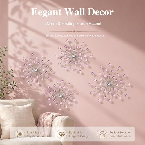 ZEXUIRU 4 Set Silver Starburst Wall Art for Home Decor Metal Bling Crystal Rhinestones Sunburst Wall Decor Sparkling Rhinestone Art Accent Silver - 13 in