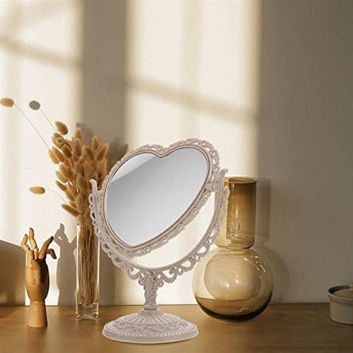 AKOAK Heart-Shaped Cosmetic Mirror - Plastic, Double-Sided, Rotatable, Lightweight Tabletop Makeup Mirror for Bathroom & Bedroom (Beige)