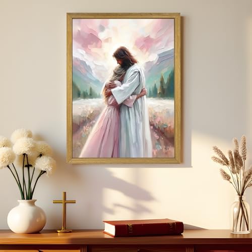 Pink Jesus Wall Art, Christian Canvas Wall Decor Paintings, Jesus Healing Embracing Woman Posters Print Artwork, Pink Room Decor for Living Prayer Church Bedroom 16x24 inch Framed