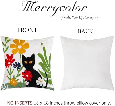 Merrycolor Embroidered Pillow Covers 18x18 Black Cat and Flower Pattern Decorative Throw Pillow Covers Comfortable Cotton Canvas Square Couch Cushion Cases for Sofa Bed Living Room Decor