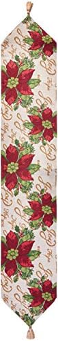 Violet Linen Decorative Christmas Poinsettias Script Design Tapestry, 13" X 70" Table Runner