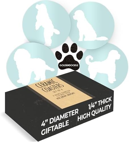 Goldendoodle Lovers Ceramic Drink Coasters - Set of 4 Dog Coasters with Protective Cork Bottom and Metal Stand - Goldendoodle Decor for Goldendoodle Moms & Dads