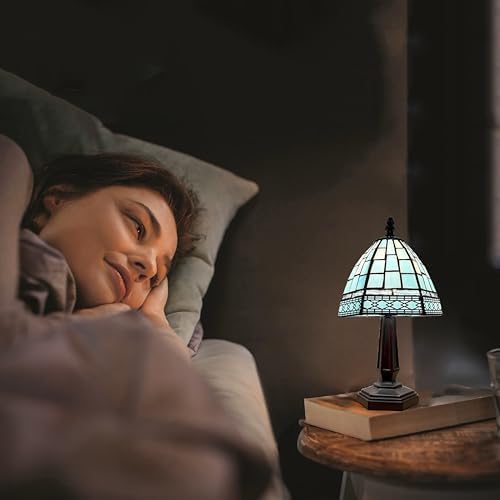 Small Tiffany Style Table Lamp,3 Color Temperature Grid Blue Stained Glass Table Lamps,Bedside Nightstand Night Light for Bedroom,Living Room, Dining Room W/LED Bulb,6X6X13Inch