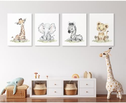 Safari Nursery Wall Art Decor Baby Animal Canvas Wall Art Woodland Nursery Wall Decor Kids Jungle Animal Pictures Safari Giraffe Elephant Tiger Prints for Room Bedroom 12x16x4 Inch Wrapped Canvas