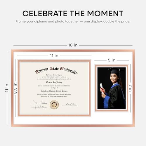 Homeforia 11x18 Rose Diploma Frame, High-End Metal, 8.5x11 & 5x7 Mat