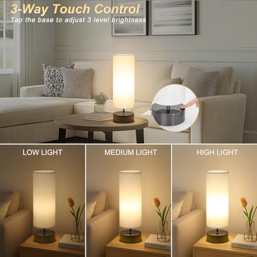 Touch Table Lamp, 3-Way Dimmable Bedside Lamp with Cylinder Fabric Shade