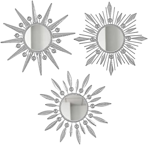Silver Mirrors Wall Decor, Metal Sunburst Mirror Wall Art Decor Mirror | Manortang 9 inch Home Christmas Decoration Rhinestone Small Mirror for Living Room Entryway Set of 3