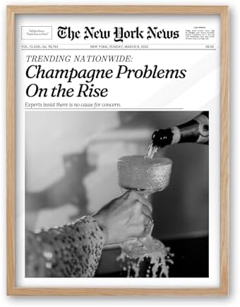 iHery 8x10in Champagne Problems on the Rise Framed Newspaper Art | Natural OAK Wood Frame with Canvas Print, Vintage Champagne Decor for Bar Cart, Kitchen, Living Room and Bathroom, 1Pack