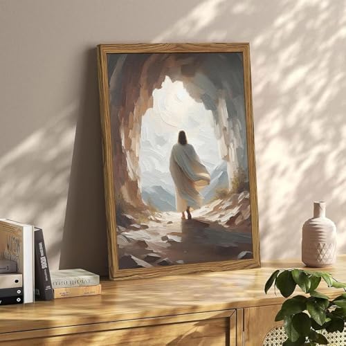 Jesus Leaves the Tomb Wall Art Easter Christian Wall Decor Painting Jesus Resurrection Artwork Religious 3D Textured Hand Drawn Sandstone for Bedroom Living Prayer Room 12x16 inch Wood Framed