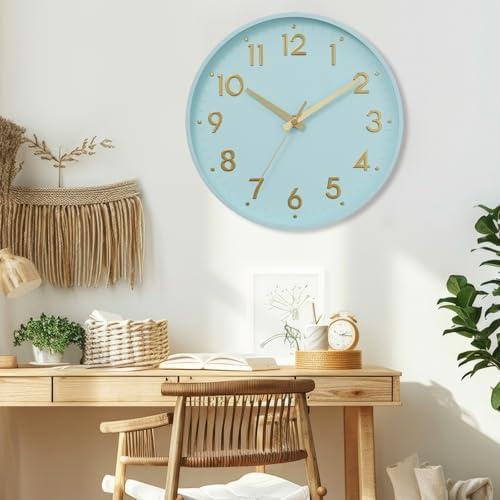 Mosewa Small 8 Inch Wall Clock Battery Operated Silent Non Ticking Analog | Aqua Blue modern clock; oversized 3D easy-read dial for kitchen, bedroom & office; 1 AA battery (not included)