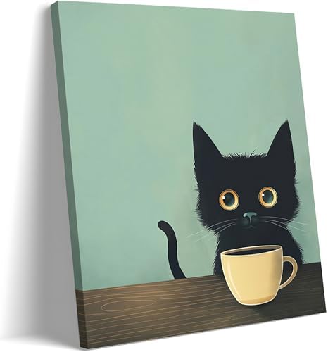 Yaneiro Framed Fun Black Cat Wall Art Abstract Drinking Coffee Picture Cute Retro Black Cat Wall Decor Canvas Poster Print Suitable for Cafe Bar Living Room Restaurant Bedroom 12x16in