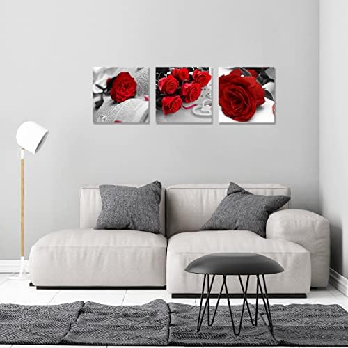 NAN Wind Canvas Print 3 Pcs Black and White Red Rose Canvas Art Painting Abstract Wall Art Decorations Flower Picture on Canvas for Home Decor Stretched and Framed (20X20inchX3pcs, Rose Book)