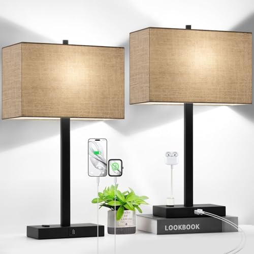 21" Set of 2 Table lamp with USB A+C & AC Outlets, Touch Control 3-Way Dimmable Nightstand Lamps for Bedroom Living Room Office Reading, Champagne Gold Shade Touch Lamps, 5000K LED Bulbs Included