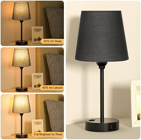 Black Bedside Lamps Set 2 for Bedroom - Dimmable Touch, USB C+A, AC Outlet