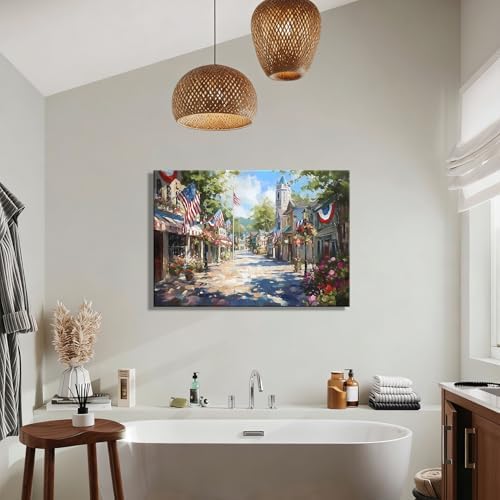 Rustic Patriotic Main Street Wall Art, 4th of July American Town Canvas Prints, Vintage Flag Street Decor for Home, Living Room, Kitchen, Framed Artwork for Bar, Made in USA