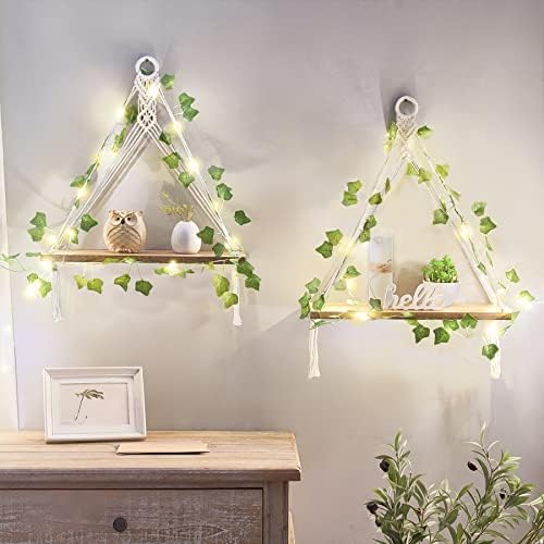 Mkono Macrame Wall Hanging Shelves Set of 2 with Artificial Ivy Lights