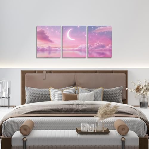Feelyou Pink Galaxy 3 Piece Canvas Wall Art for Living Room Bedroom Starry Moon Wall Art for Home Decor Dreamy Nebula Office Decor Artwork Outer Space Picture Painting Posters