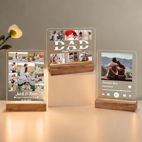 Personalized Photo Acrylic Happy Fathers Day Sign Plaque Gifts for Dad Papa Grandpa from Daughter Son Wife Customizable LED Night Light Wooden Base Lamps Desk Bedroom Decor Signs