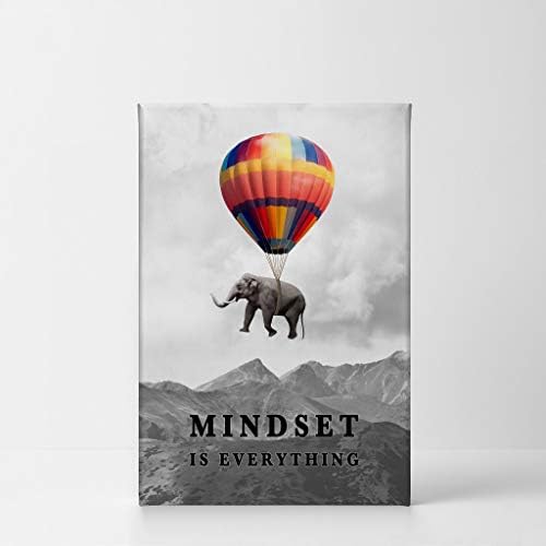 Smile Art Design Mindset is Everything Colorful Elephant Black and White View Motivational Wall Art Canvas Print Inspirational Entrepreneur Quote Office Living Room Decor Gift Ready to Hang 17x11