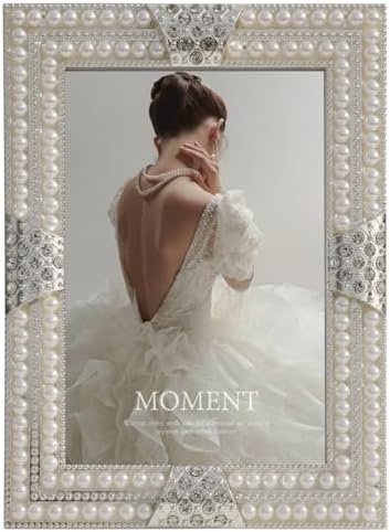 DIKAR 5x7 Picture Frame with Pearl and Crystal Decor for Wedding Photo, Ornate Frame Silver Plated for Tabletop Display