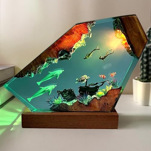 Handmade Dolphin Ocean Resin Lamp with Wooden Base