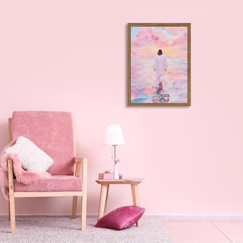 Pink Jesus Walking On Water Wall Art, Frame 3D Textured Hand Drawn Sandstone Christian Wall Decor Paintings Religious Savior Pictures for Living Prayer Room Bedroom, 12x16 in Wood Framed