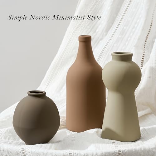 Ceramic Vase Set of 3, Nordic Minimalist Multicolor Vases Home Decor, Rustic Farmhouse Decor Pottery Vases for Bouquet Pampas Grass Dried Fresh Flowers, Living Room, Entryway Mantel, Kitchen, Bedroom