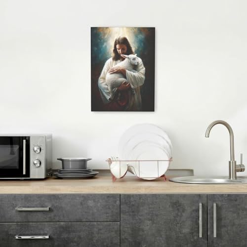 Jesus and Lamb Wall Decor Pictures Jesus with Lamb Wall Art Religious Christian Canvas Prints Painting God Faith Artwork Decoration for Bathroom Bedroom Living Room Framed Gifts 12"x16"