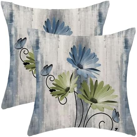 Sage Green Blue Floral Pillow Covers 18 x 18 Inch Set of 2 Daisy Floral Butterfly Decorative Throw Pillow Covers Linen Rustic Farmhouse Cushion Cases for Home Sofa Couch Living Room Decor