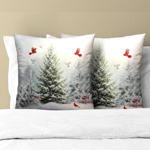 Winter Snowy Pine Tree Throw Pillow Covers 20x20 inch Set of 2 Xmas Red Cardinals Cotton Pillowcase Christma Snow Scene Flying Birds Cushion Cases for Home Sofa